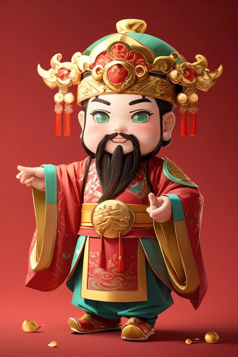 1male,chinese clothes,light green eyes,facial hair,solo,full body,red_background,chibi,masterpiece,best quality,ultra-detailed,<...