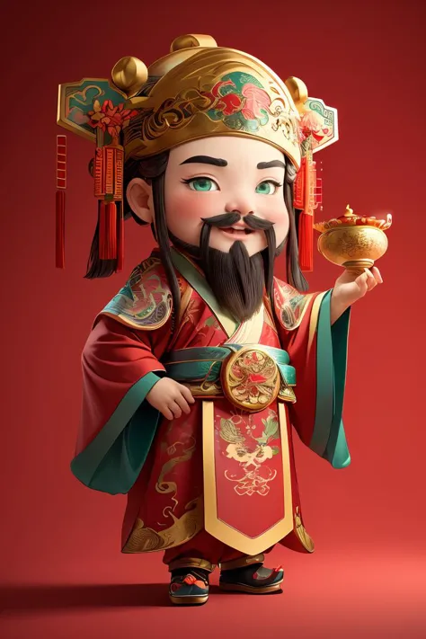 1male,chinese clothes,light green eyes,facial hair,solo,full body,red_background,chibi,masterpiece,best quality,ultra-detailed,<...
