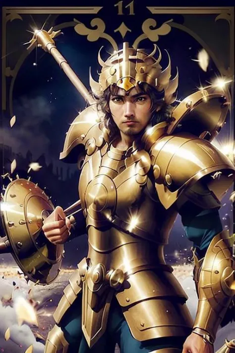 1man ,JALS <lora:JALS :0.8>as librasaint, golden armor, golden shields,golden weapons on back,shield, polearm, full armor, gold armor,  <lora:librasaint:0.7>