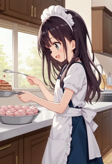 score_9, source_anime, anime_coloring, anime_screencap, 1girl, solo, apron, kitchen, from side, sweets, happy, cowboy shot, open...