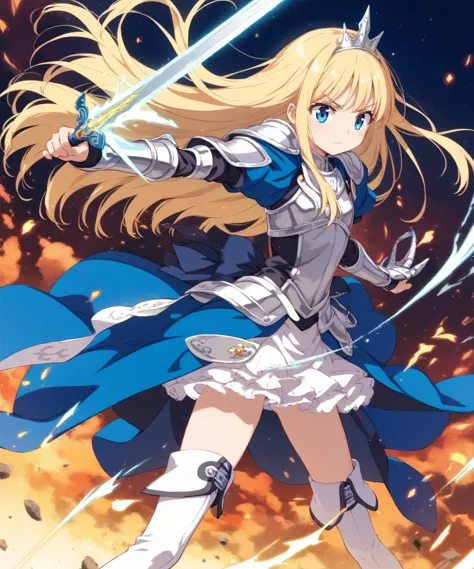 a woman in a blue dress holding a sword in front of a fire