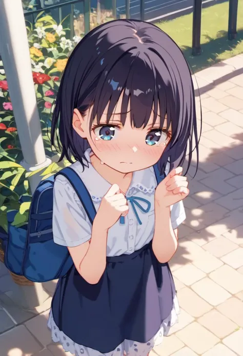 score_9, source_anime, anime coloring, anime_screencap, 1girl, blush, tear, cry, from above, outdoor,