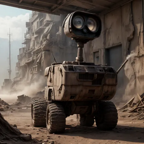 a close up of a robot on a vehicle in a dirty area