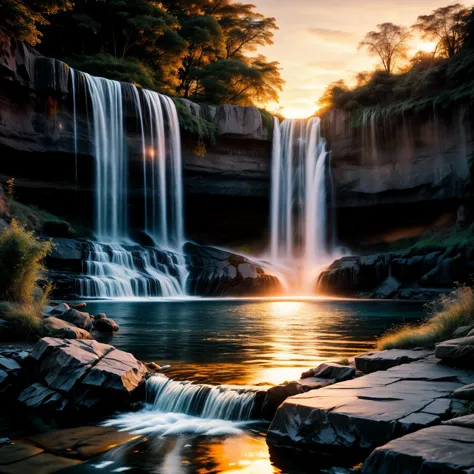 a painting of a waterfall with a sunset in the background