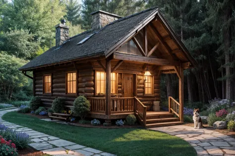 arafed log cabin with a porch and a porch with a dog