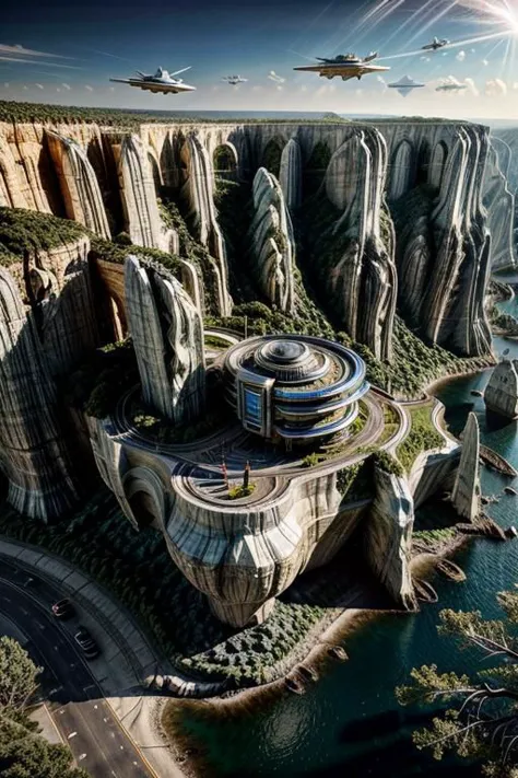 a futuristic city on a cliff overlooking the ocean