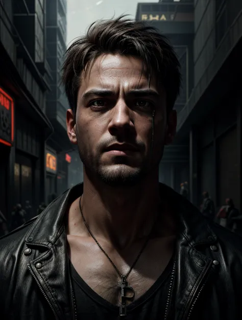 a man in a black leather jacket standing in a city