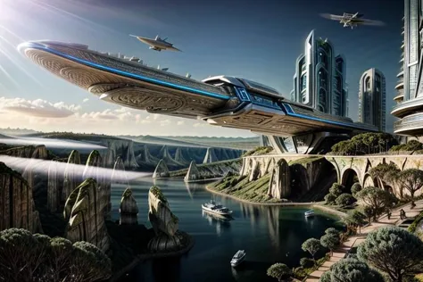 futuristic city with a futuristic flying saucer and a river