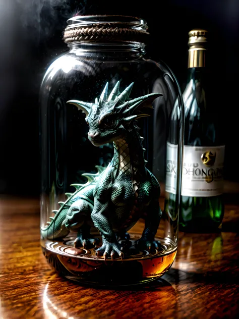 there is a glass jar with a dragon inside of it