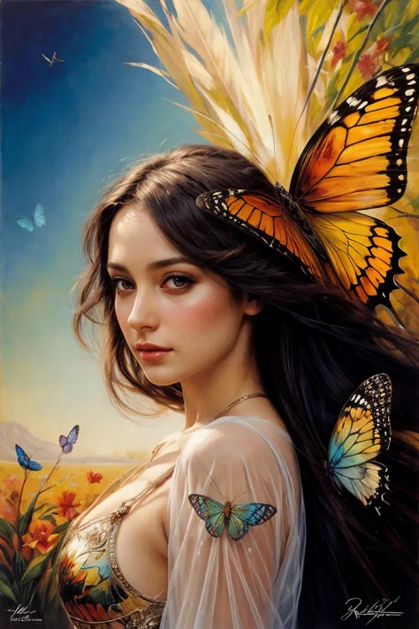 a painting of a woman with butterflies on her head