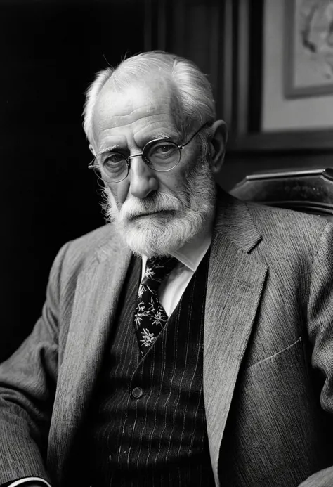 ((RAW photography by Martin Deschambault)), monochrome b&w, ((film grain texture)), analog photography aesthetic, Elderly gentleman, full white beard, deep-set eyes, thoughtful expression, holding eyeglasses, ((pinstripe suit)), white shirt, patterned tie, seated in wooden chair, old office setting, soft lighting highlighting facial textures, timeless elegance, classic portraiture reminiscent of old master paintings, naturalistic pose suggesting wisdom and contemplation, stark contrast accentuating fine details and textures of hair and fabric, indicative of early 20th-century photographic styles