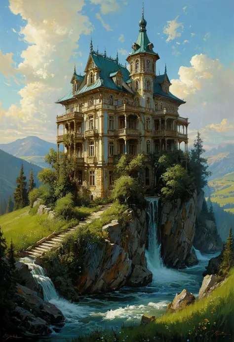 by karol bak and daniel gerhartz, a beautiful painting of a building in a serene landscape