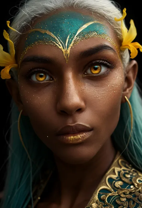 professional photography, closeup portrait a half-alien and half-human woman with teal-coloured skin and with golden freckles an...