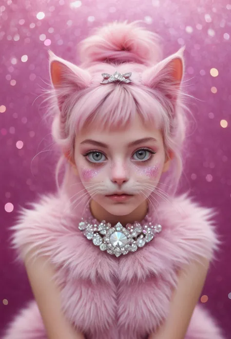 kawaii aesthetic by diane arbus, a (girl-cat hybrid), glitter and diamond dust on furry hair, whimsical, realistic depiction of ...