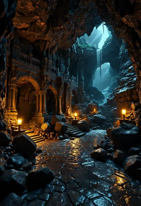 gloomy dark fantasy cave, (((masterpiece))), intricate details, 32k, hdr, stunning composition, sharp focus, vivid colors, highe...