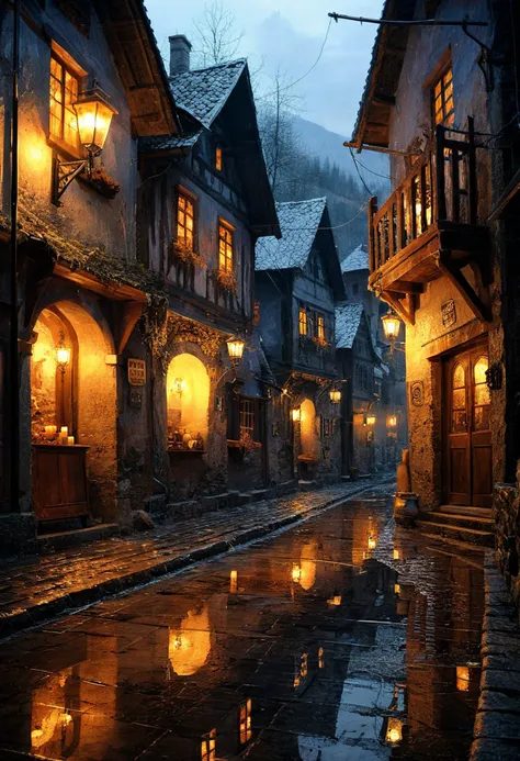 illustration by basil gogos and daniel gerhartz, charming tavern in a street alley, medieval village, rain, moody, reflections i...