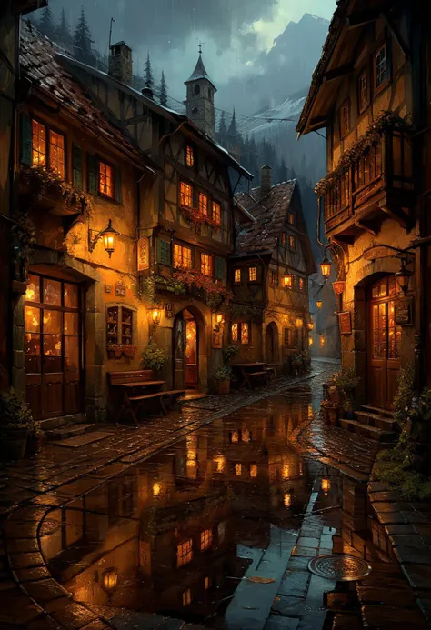 illustration by basil gogos and daniel gerhartz, charming tavern in a street alley, medieval village, rain, moody, reflections i...