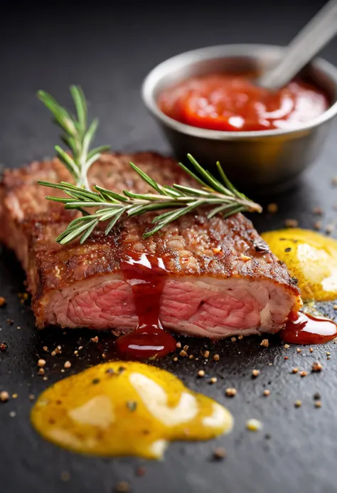 a close up of a steak with sauce and a spoon