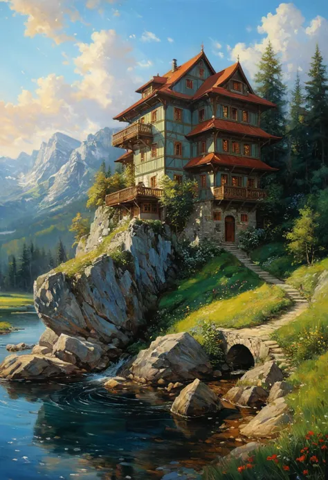 by karol bak and daniel gerhartz, a beautiful painting of a building in a serene landscape