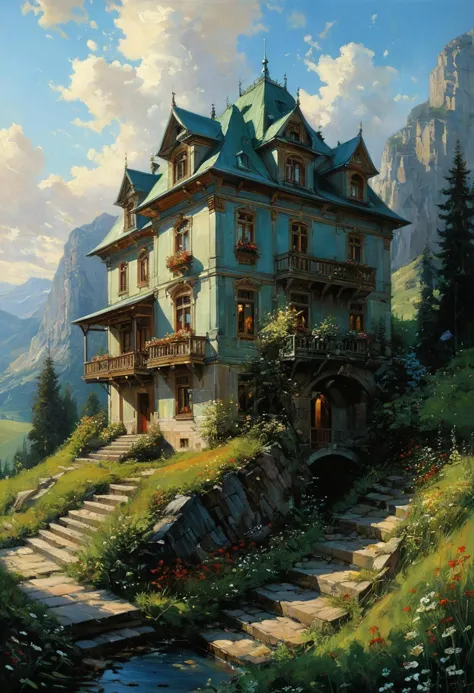 by karol bak and daniel gerhartz, a beautiful painting of a building in a serene landscape