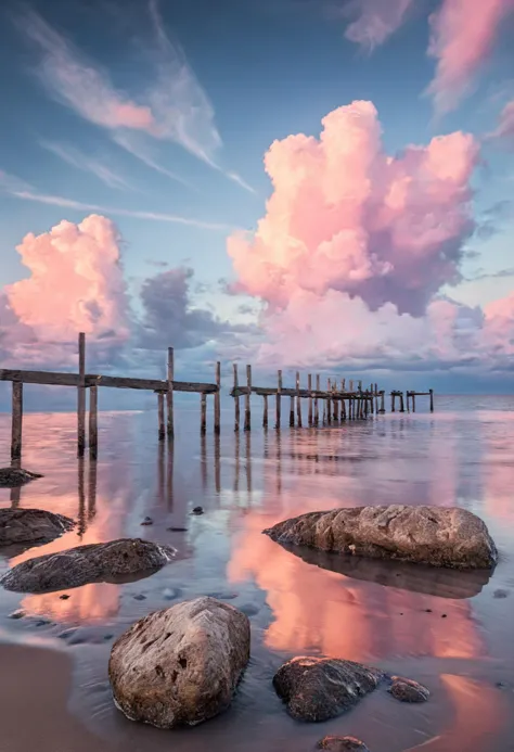 ultra wide high view, 17mm lens.  professional landscape photography, maximalist composition, strong colours, a serene seascape ...