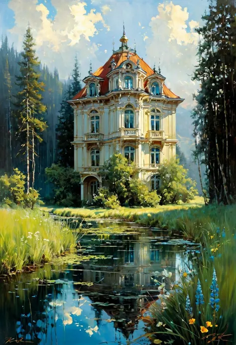 by karol bak and daniel gerhartz, a beautiful painting of a building in a serene landscape