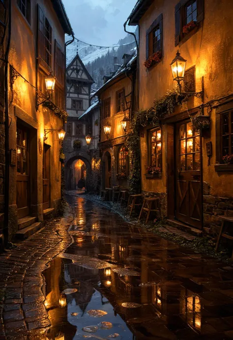 illustration by basil gogos and daniel gerhartz, charming tavern in a street alley, medieval village, rain, moody, reflections i...