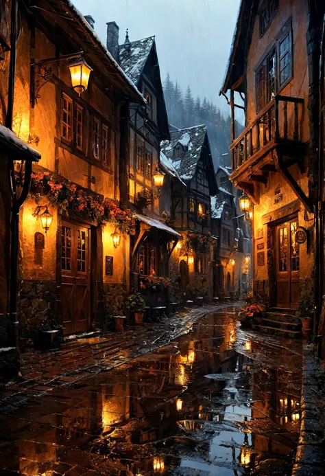 illustration by basil gogos and daniel gerhartz, charming tavern in a street alley, medieval village, rain, moody, reflections i...