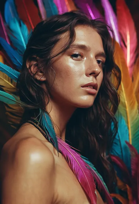 by guy aroch and daniel gerhartz, made of iridescent hummingbird feathers, beautiful young woman, complex environment, nsfw, (st...