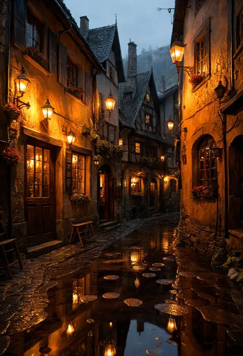 illustration by basil gogos and daniel gerhartz, charming tavern in a street alley, medieval village, rain, moody, reflections i...