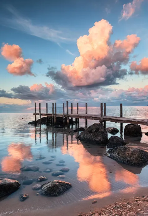 ultra wide high view, 17mm lens.  professional landscape photography, maximalist composition, strong colours, a serene seascape ...