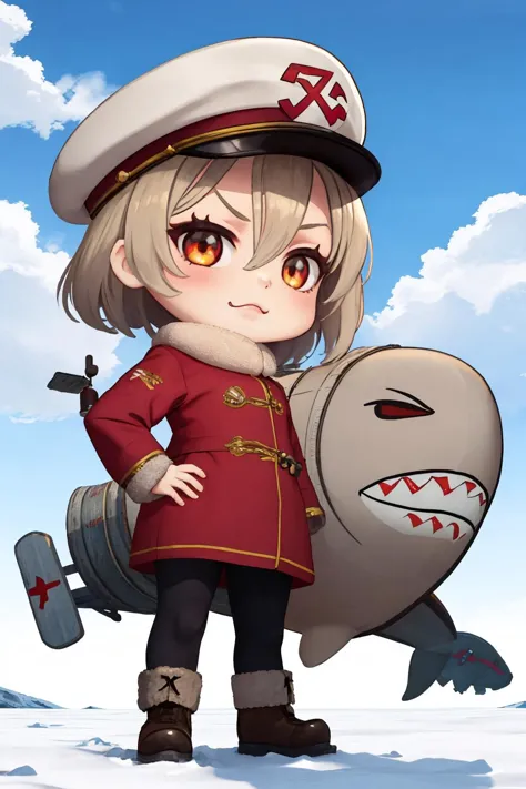 masterpiece, best quality, <lora:kirov-ra2-richy-v1:1> (kirov:1.2), chibi, 1girl, solo, standing, cute, shark teeth, russian, soviet, peaked cap, winter clothes, winter, airship, dirigible, <lora:DarkCabalChibiStyle:0.7> propeller,