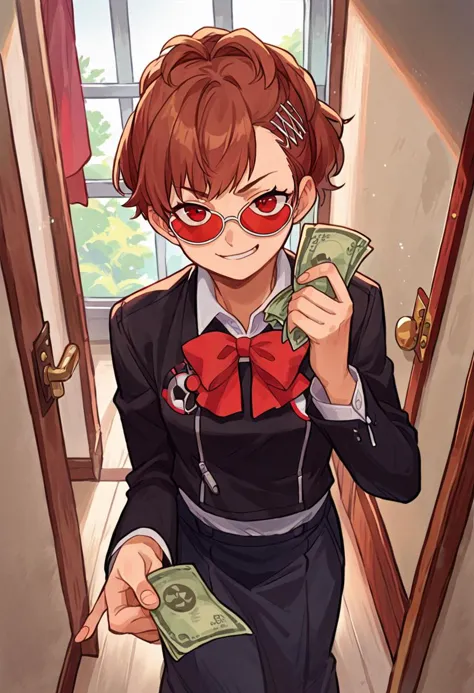 anime girl with red glasses holding money in her hand