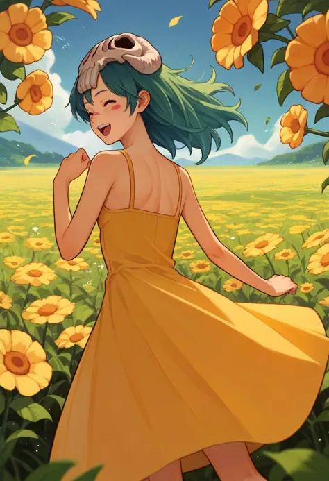 a woman in a yellow dress standing in a field of flowers