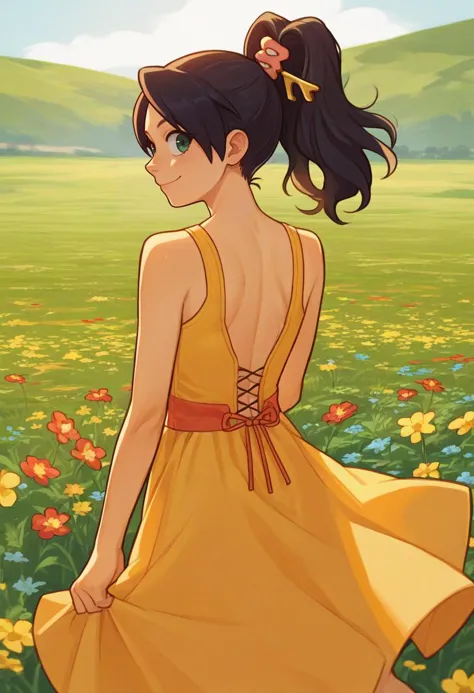 a woman in a yellow dress standing in a field of flowers