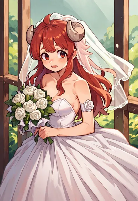 anime bride with red hair and veil holding a bouquet