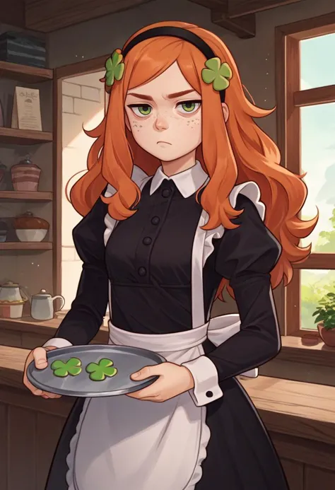 a woman in a maid outfit holding a tray of food