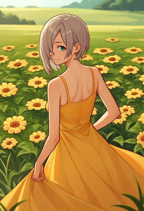 a woman in a yellow dress standing in a field of flowers