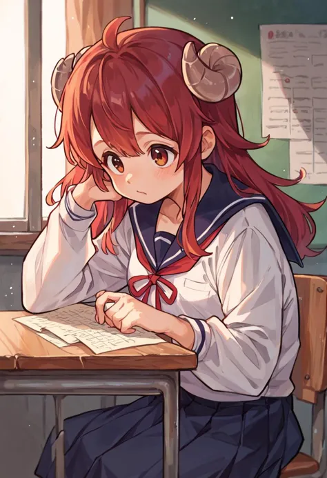 anime girl sitting at a desk with a book and pen