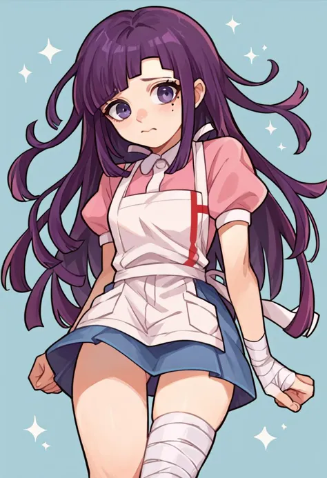 a cartoon image of a woman with long purple hair and a white apron