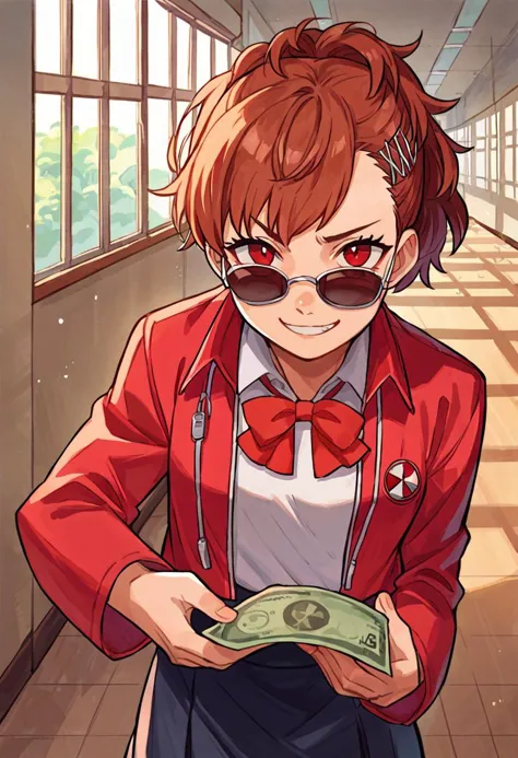 anime girl with red hair and glasses holding a money