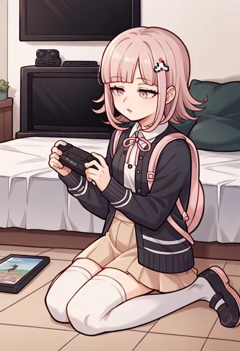 score_9, score_8_up, score_7_up, score_6_up, source_anime, 1girl, kneeling, on bed, half-closed eyes, parted lips, holding portable game console, <lora:danganronpa2_nanami_ponyXL:1> nanami chiaki, hairclip, black jacket, long sleeves, two-tone shirt, neck ribbon, brown skirt, thighhighs, backpack, shoes, bedroom, cd cases and dvd cases on floor, television, game console