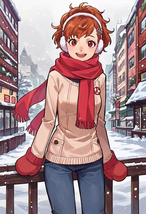 score_9, score_8_up, score_7_up, source_anime, 1girl, looking at viewer, smile, open mouth, <lora:persona3_shiomi_ponyXL:1> shiomi kotone, hairclip, sweater, mittens, scarf, jeans, earmuffs, winter, snow, city