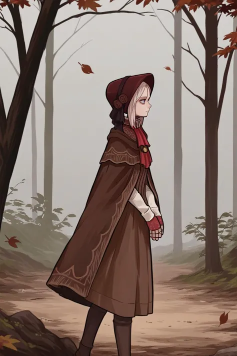 a cartoon of a woman in a brown cloak and hat standing in a forest