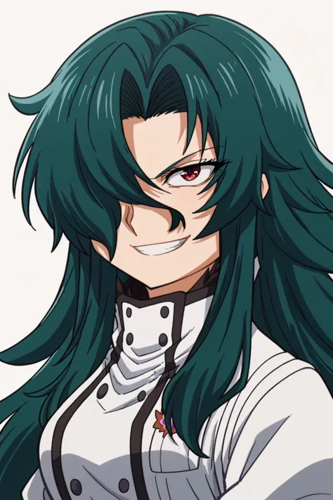 a close up of a person with long green hair and a white shirt