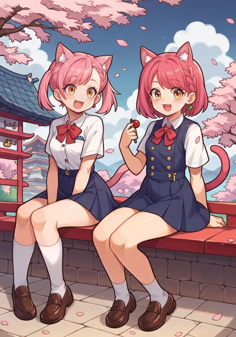 two anime girls sitting on a bench with cherry blossoms in the background