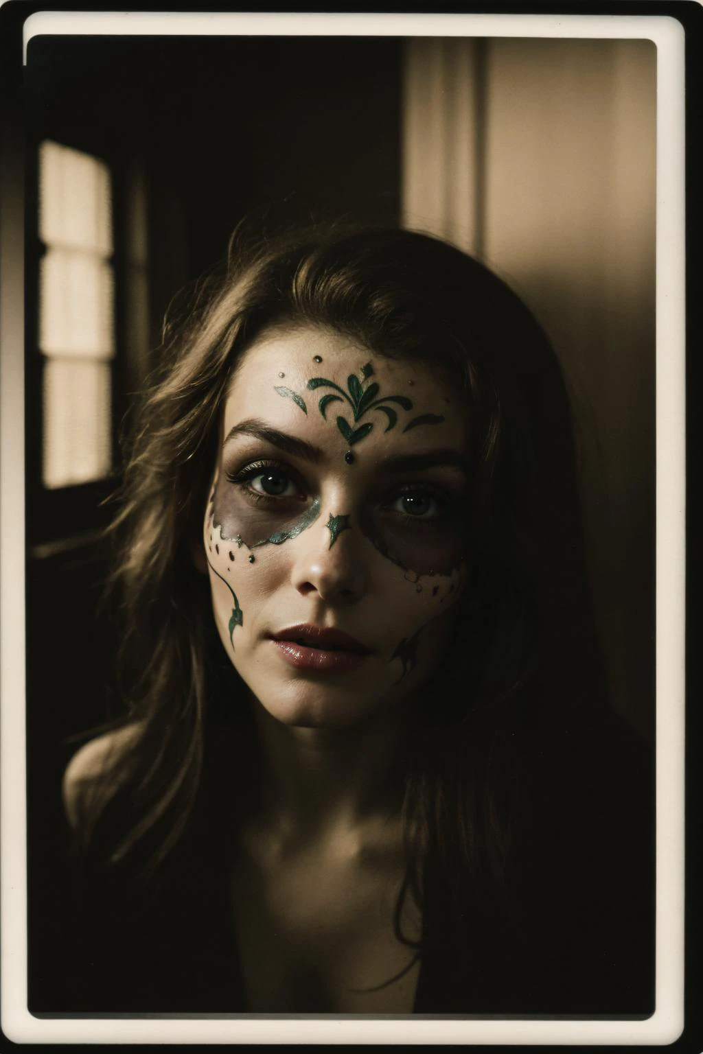 A pair of spectral eyes peering out from a dark, abandoned building., nsfw, polaroid photography, stunning blonde woman, group of women, Vintage-style homage, with an old-school, dimly lit living room and a TV flickering in the background.,  revealing costumes, A 'day of the dead' costume, showcasing intricate sugar skull makeup and vibrant attire, film grain, chiaroscuro epiCSepia