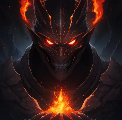 a demonic looking demonic demon with fiery eyes and a glowing face