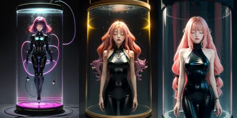 three women in black catsuits in glass jars with neon lights