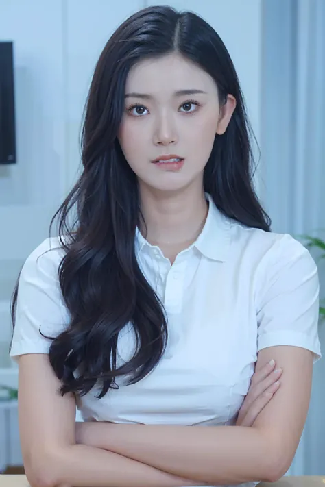 <lora:yueqing_2.0:0.75>yueqing,1girl,solo,looking at viewer,long hair, white shirt, collared shirt, lip bite, makeup, crossed ar...